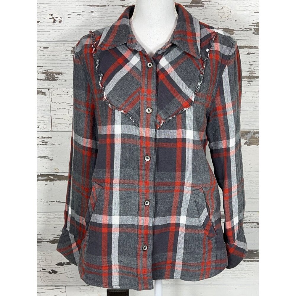 CABI Tavern Flannel Plaid Shirt Jacket Gray Red Sz M #4164 EUC - Picture 2 of 5